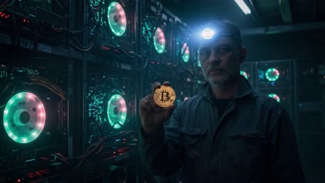 a miner proudly holds a bitcoin in front of powerful mining rigs, showcasing the evolution of cryptocurrency and the dedication of those who support blockchain technology