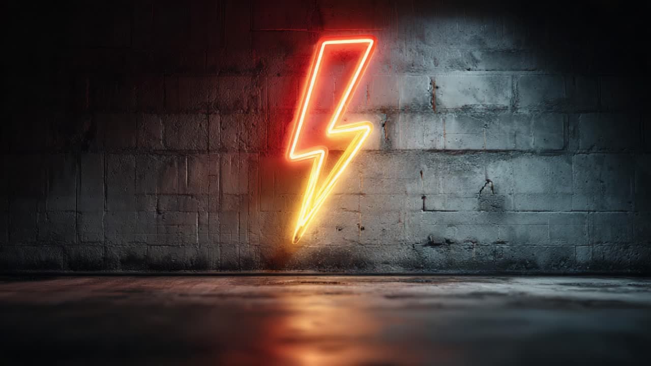 A striking neon lightning bolt sign elegantly illuminates a dark, textured concrete wall, creating a captivating contrast that enhances the ambiance of the space