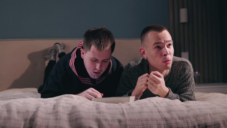 Two men relaxing on a bed, watching something on a tablet.