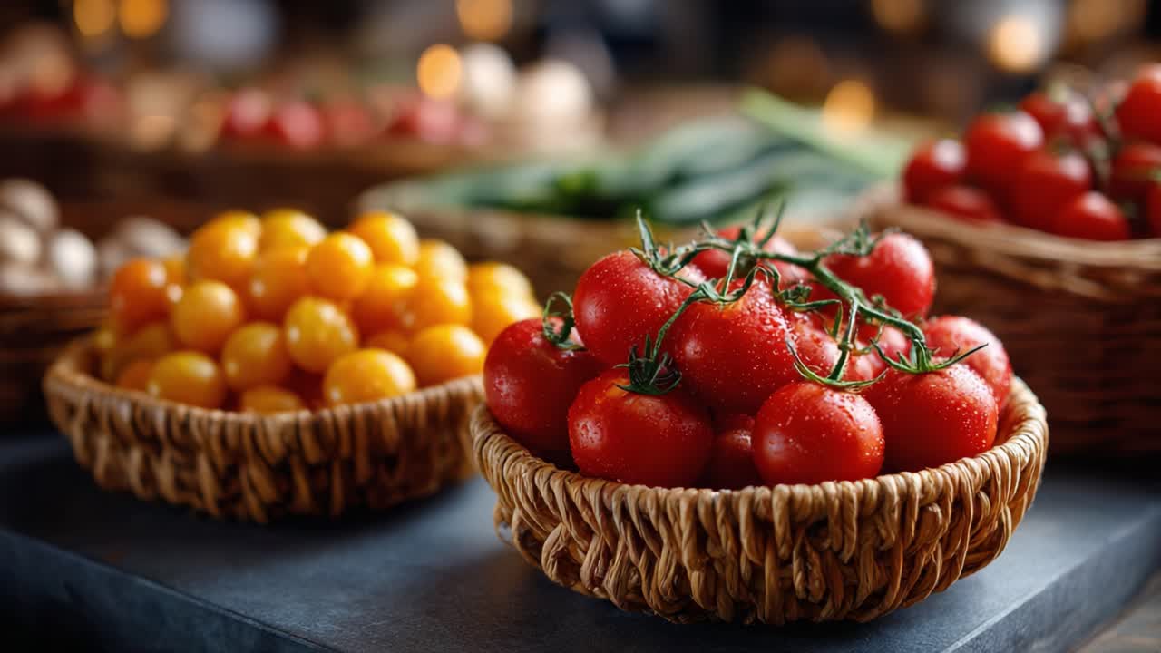 A Vibrant Display of Fresh Tomatoes and Colorful Produce in Rustic Baskets Capturing the Essence of Farm-to-Table Bounty and Culinary Inspiration