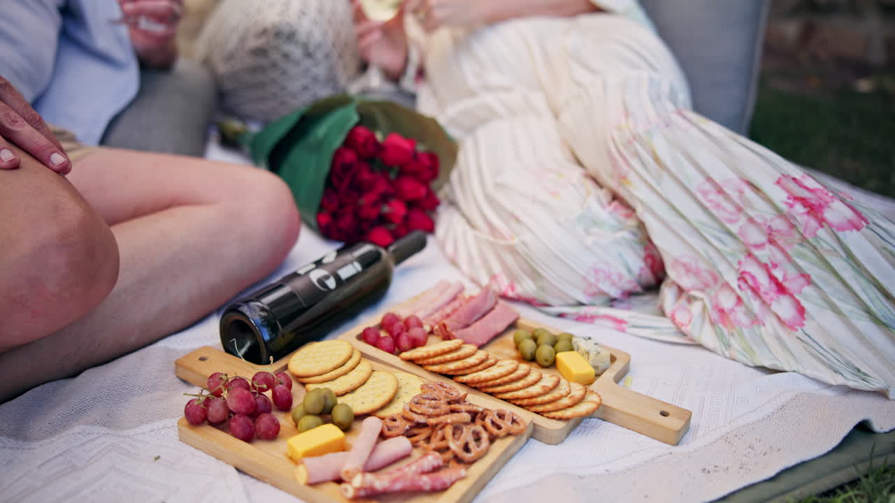 Pareja disfrutando de un picnic romántico con tabla de embutidos y vino