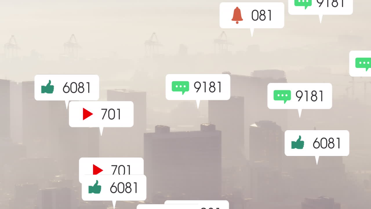 도시 풍경의 공중 시야에 떠다니는 소셜 미디어 아이콘의 애니메이션