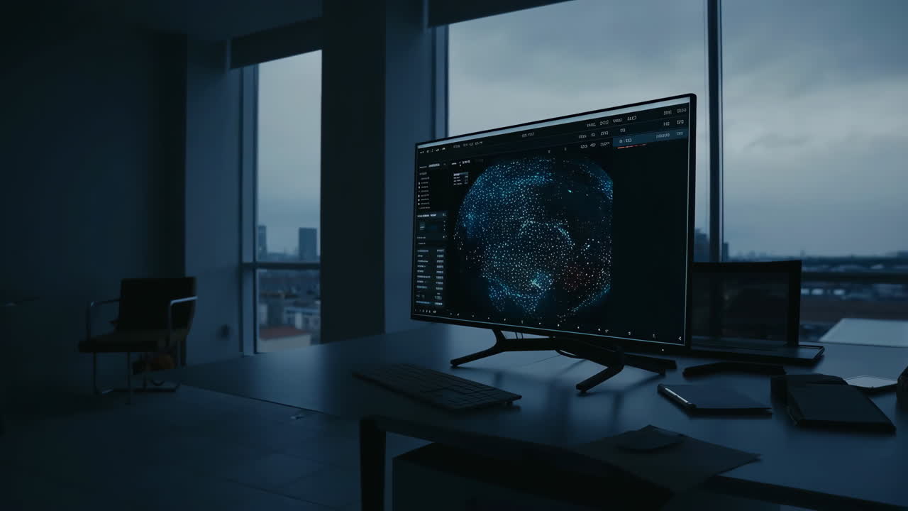 Modern Office Desk with Advanced Data Visualization on Monitor in a Dark Office