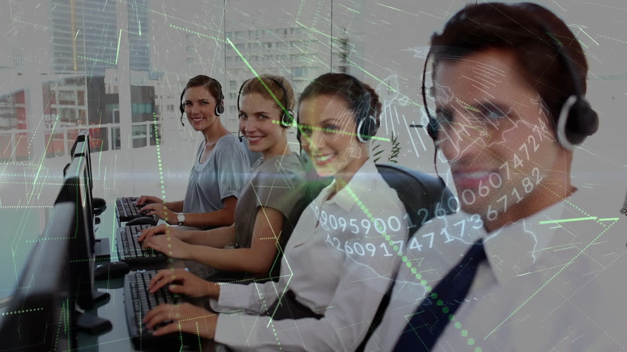 전화 헤드 ⁇  을 사용하는 사업가 들 의 전 세계 에 대한 애니메이션