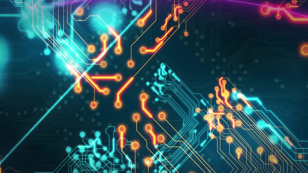 animación de la placa de circuitos con conexiones y vías brillantes sobre un fondo oscuro