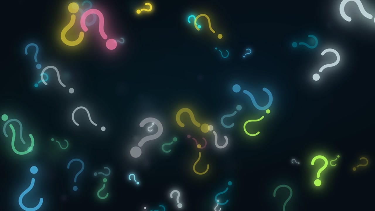 Vivid, glowing question marks in blue, green, yellow, pink and white drift and float on a dark abstract background. Smooth animated motion and soft glow create a modern, mysterious mood. Perfect loop.