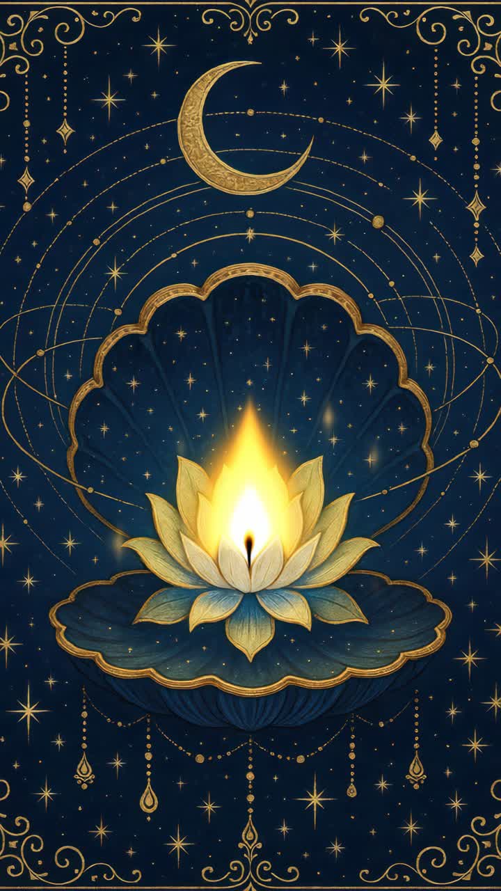 A mystical video backdrop featuring a lotus and crescent moon in a celestial design