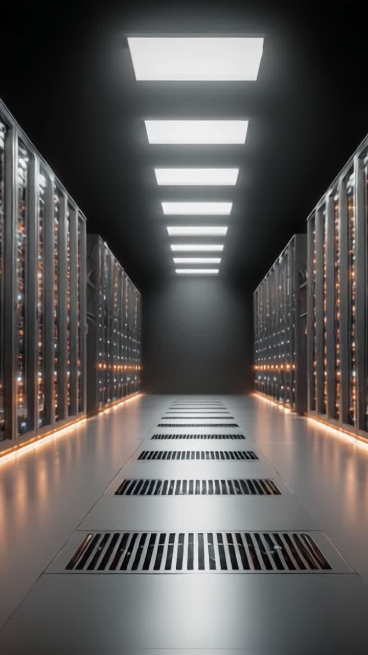 Corridoio illuminato di un data center che mostra rack di server in un ambiente pulito e moderno con un design elegante e un'illuminazione efficiente.
