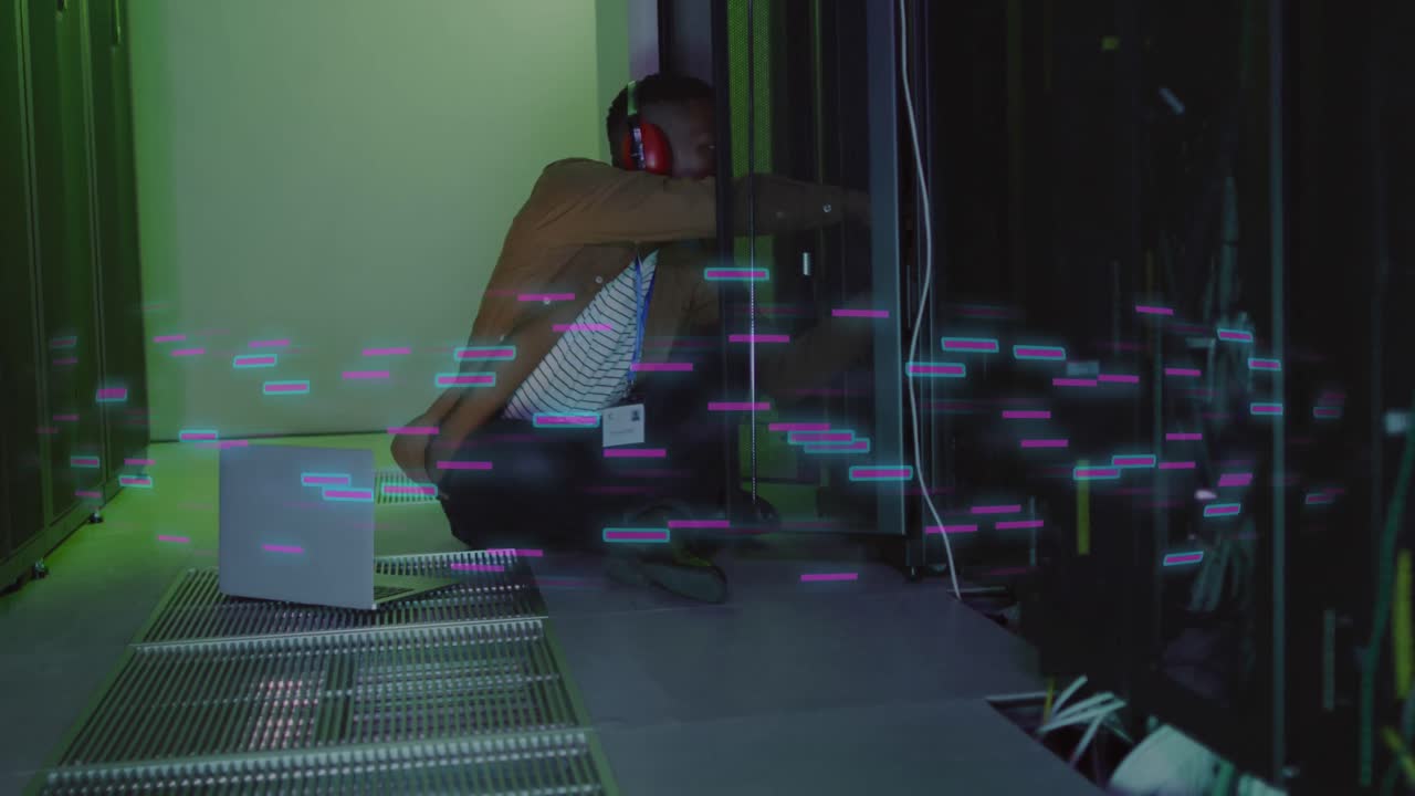 Animation of african american male it technician, data processing over computer servers