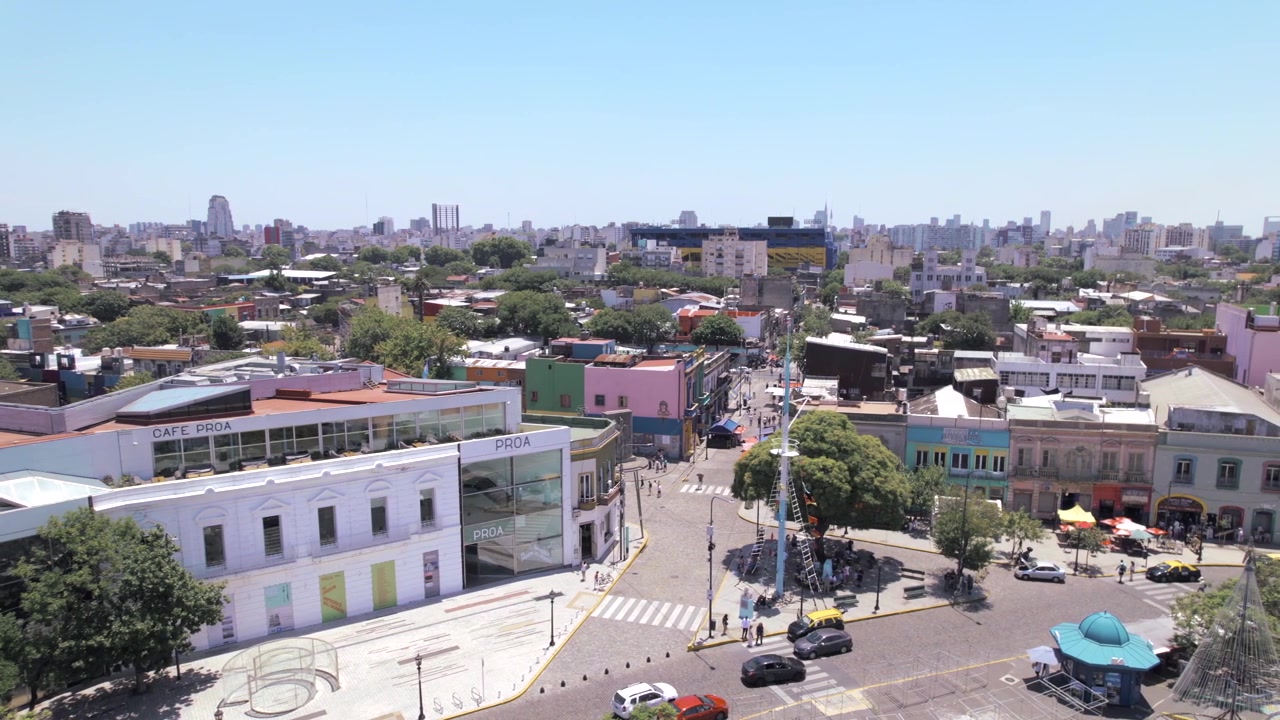 4K drone aerial view of Caminito in La Boca, Buenos Aires, Argentina. Colorful streets, historic buildings and one of the city’s most iconic cultural and tourist attractions.