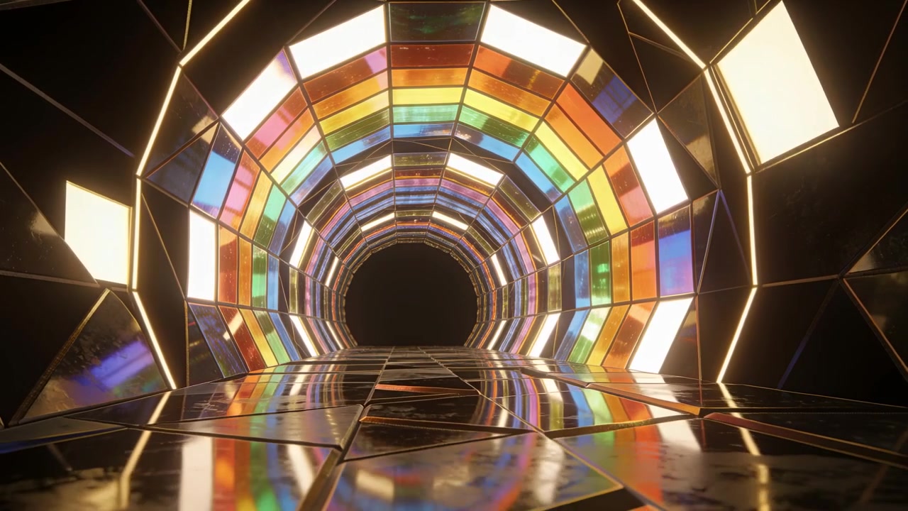 Cámara avanzando hacia un túnel arcoíris en un escenario hacia un vacío oscuro, revelando reflejos brillantes.