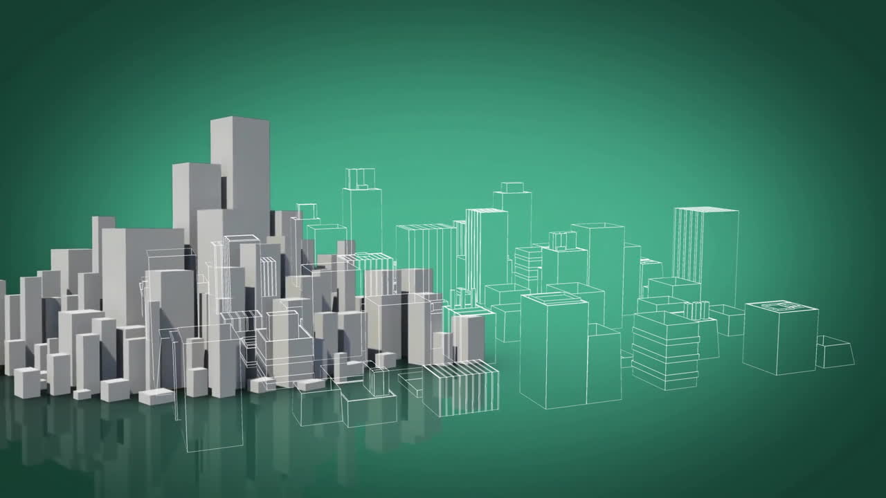 Modello 3D di paesaggio urbano con animazione di edifici wireframe su sfondo verde