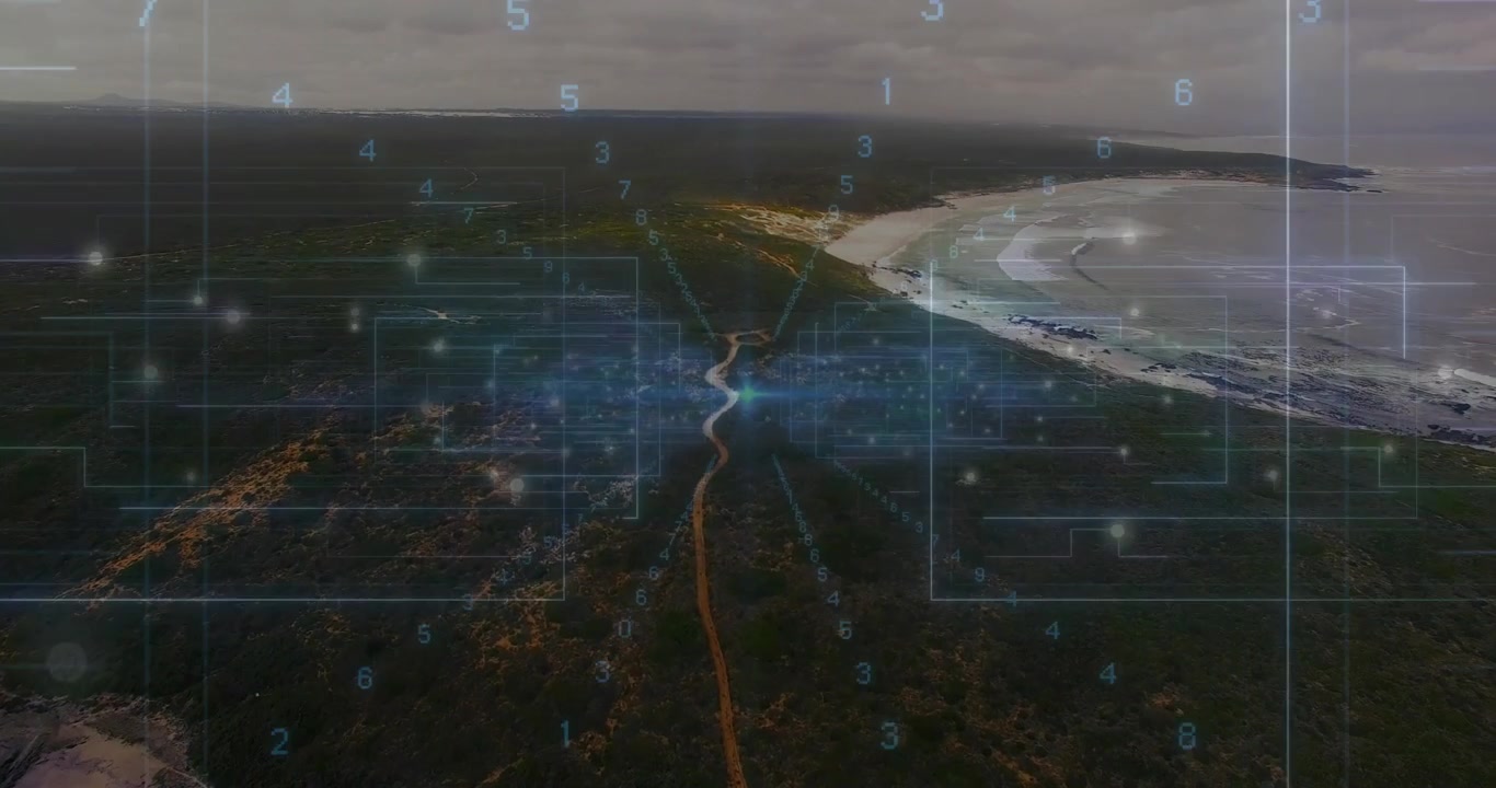 Upon aerial perspective revealing path to sandy bay glowing node pulsing as overlay mapping data