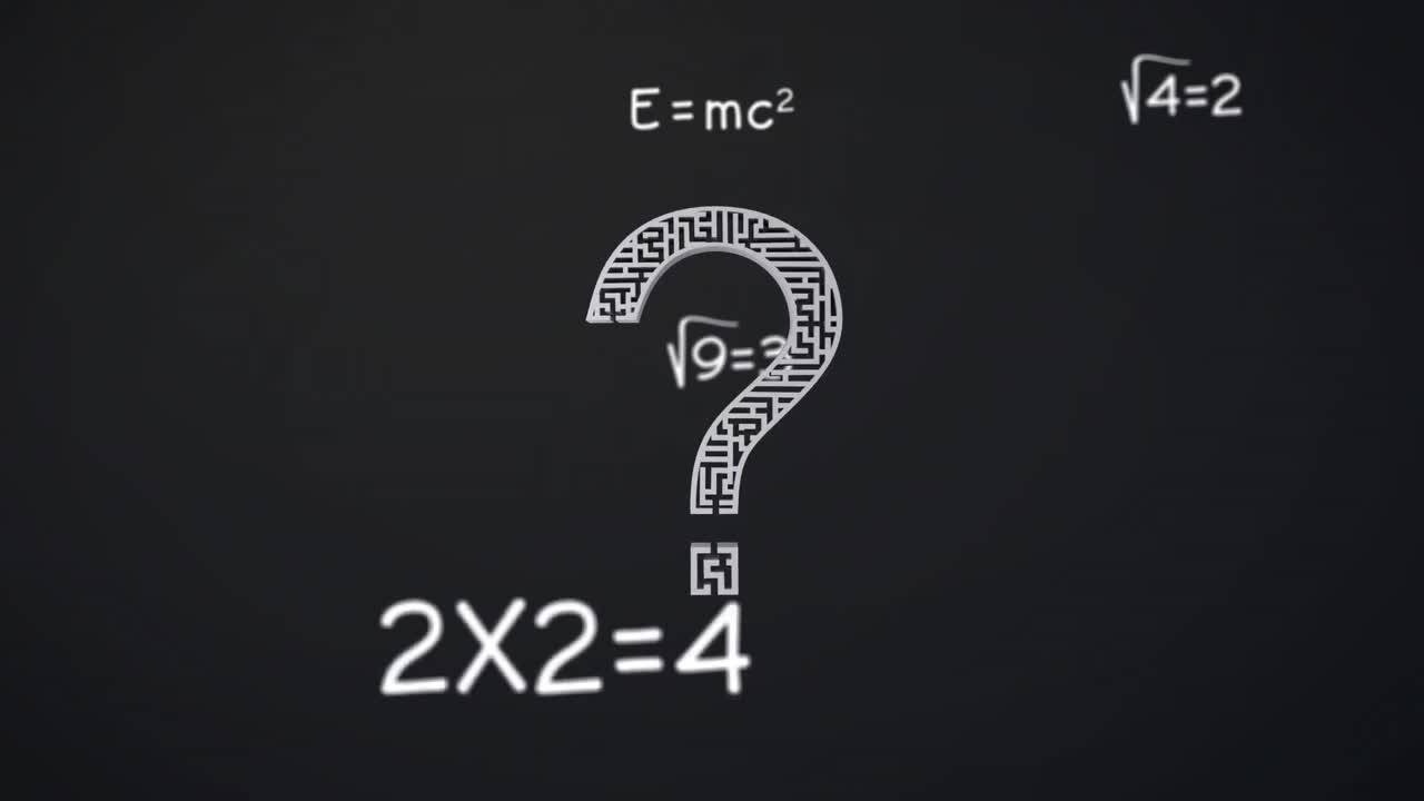 Digital animation of question mark and mathematical equations floating against grey background