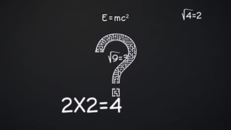 animación digital de signos de interrogación y ecuaciones matemáticas flotando contra un fondo gris