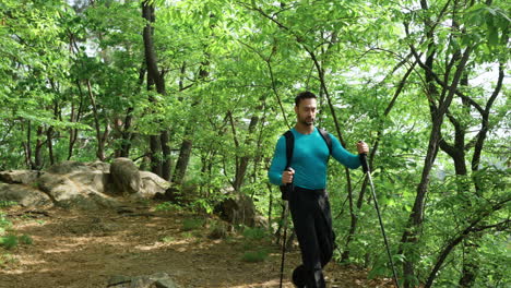 man trek down a forest trail offering a scenic view of lush green trees