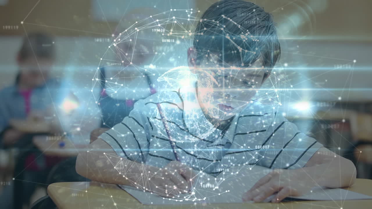 학교 소년의 글쓰기를 통해 연결 네트워크와 함께 지구의 애니메이션