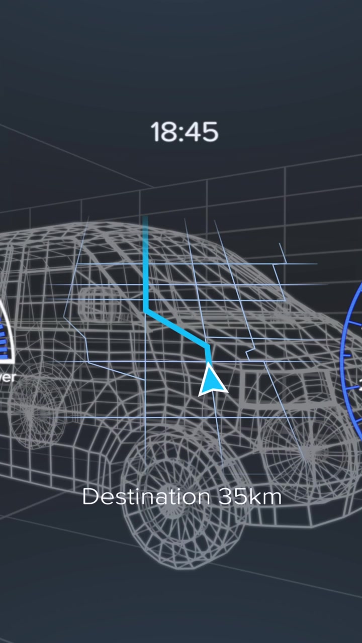 Animation of speedometer and power level over van project on black background