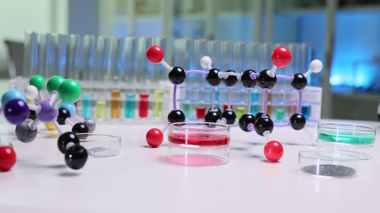 Science Laboratory Setup with Molecular Models and Lab Equipment