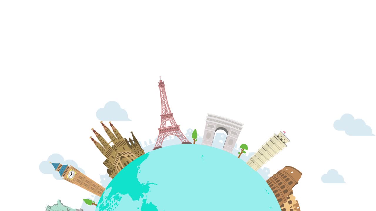 Reisen, Urlaub, Sightseeing Animationsbanner (4K). Weltkulturerbe und weltberühmte Gebäude. Version ohne Text.