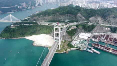 hong kong bay and tsing ma bridge, aerial view