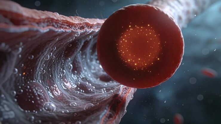 Plasma fluido che trasporta globuli rossi in rotazione e movimento attraverso il lume del vaso, mostrando particelle