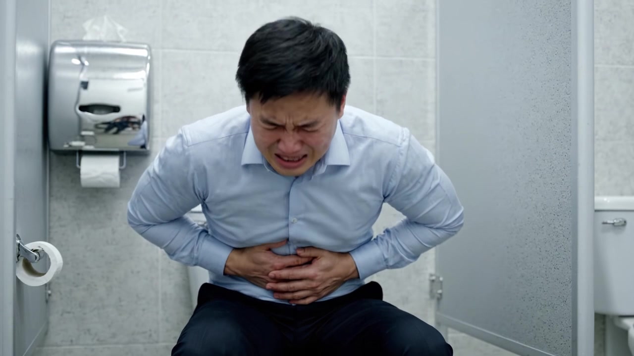 トイレの個室で激しい腹部の不調に苦しむ人物。その苦しむ様子を捉えた2つの苦痛な映像フレーム。