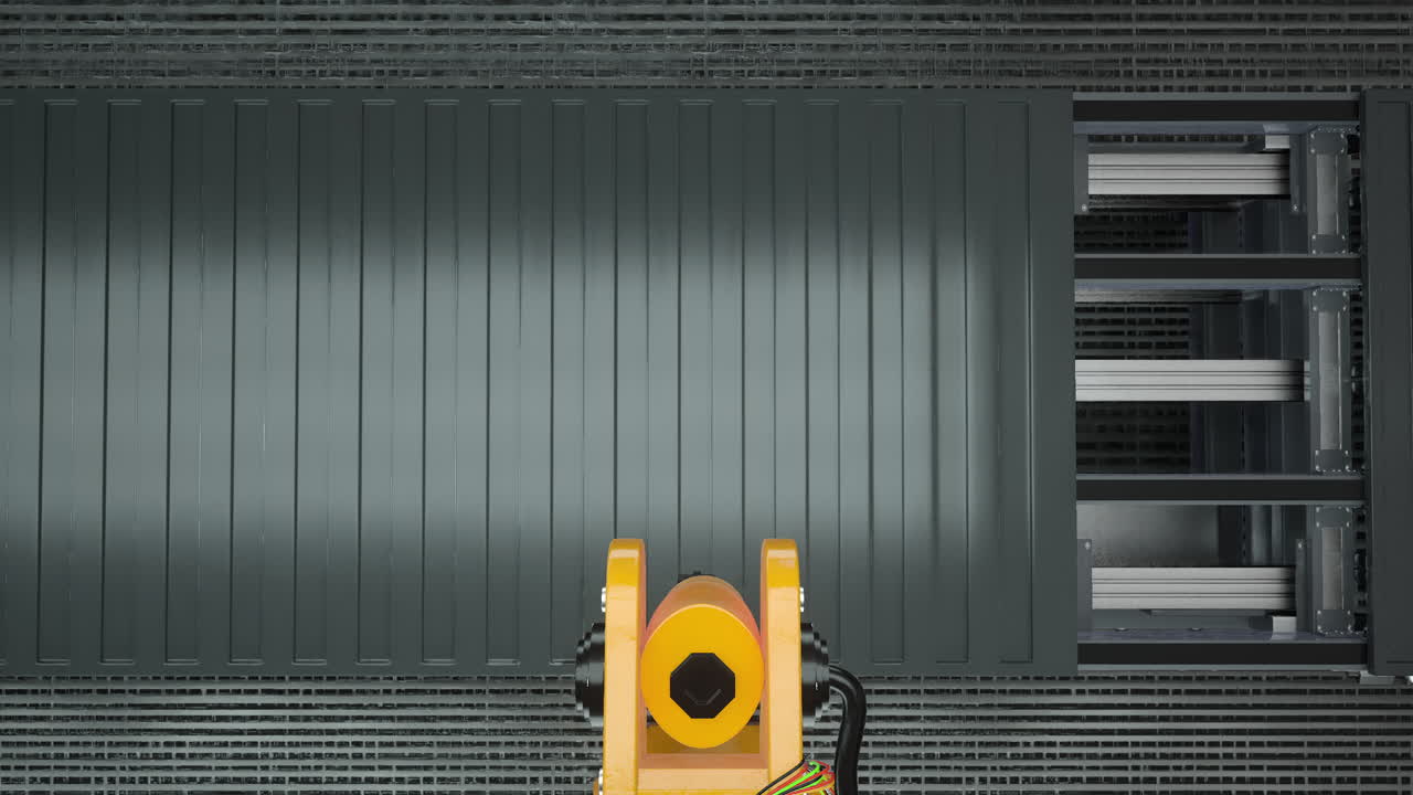 POV shot of industrial robot arm working on assembly line in factory, 3D render