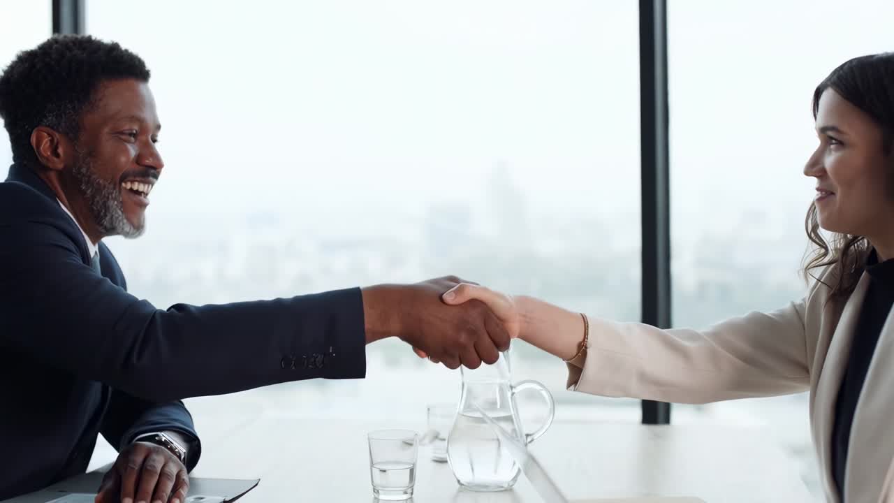 Professional handshake in a modern office, captured from a side angle in a video frame