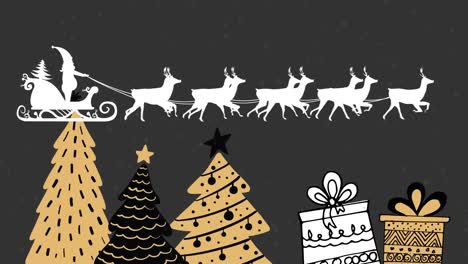 santa claus en trineo siendo tirado por renos contra múltiples árboles de navidad y iconos de regalos