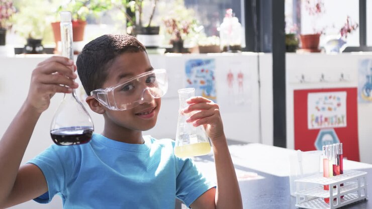 In school, in the classroom, a young African American student examines chemical flasks