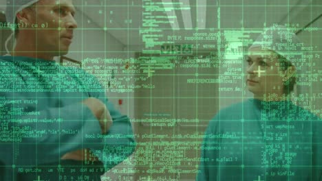 animation of data processing over caucasian male and female surgeons talking