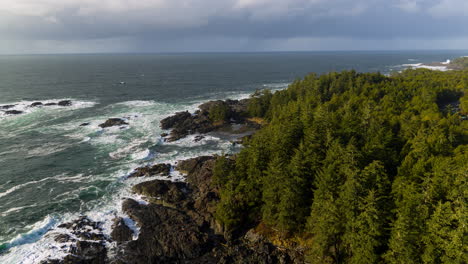 drone video at sunset in ucluelet british columbia, canada over the ocean and forest