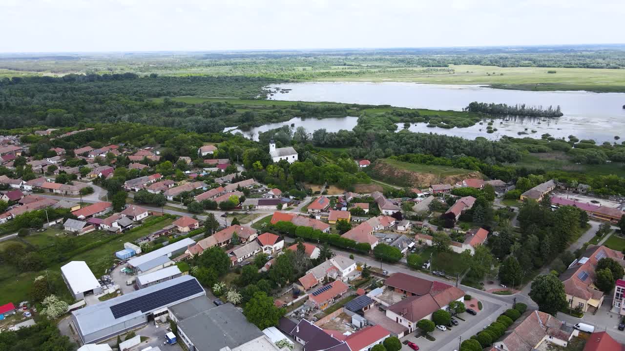 Aerial panorama of Hungarian village Tiszaalpár and nearby lakes of Kiskunság National Park