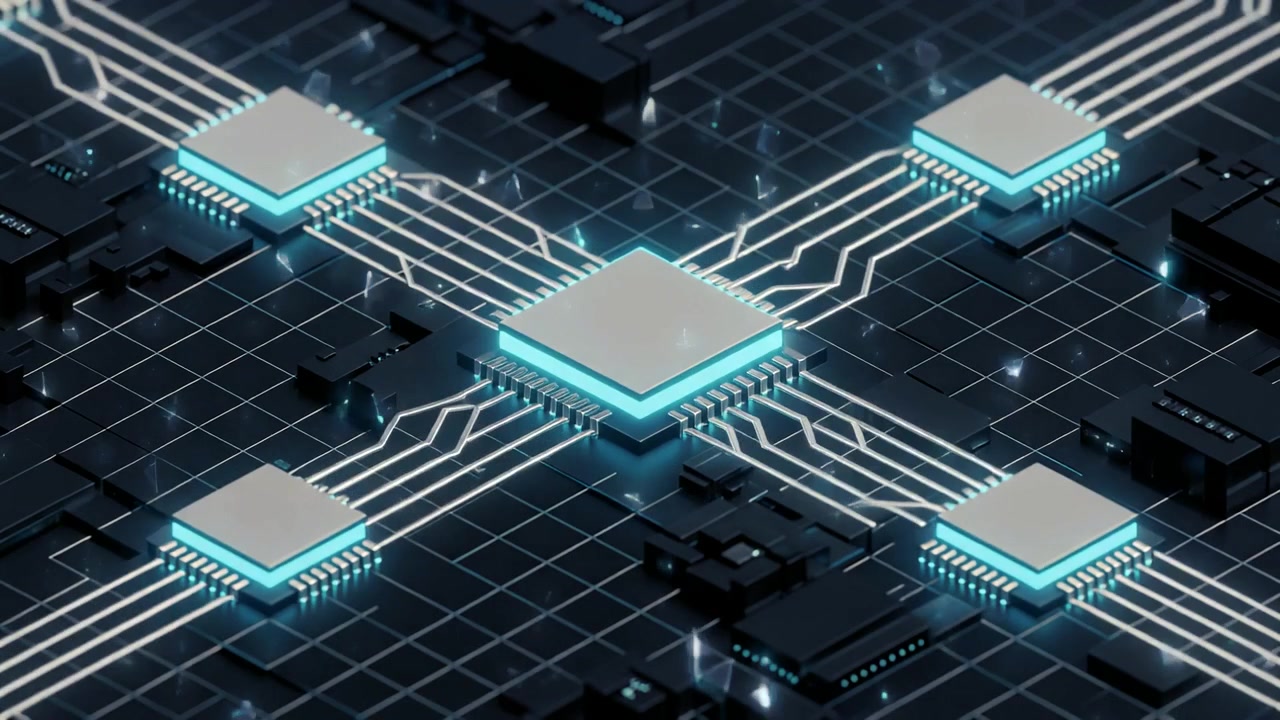 Digital Circuit Board with Glowing Microchips and Data Flow