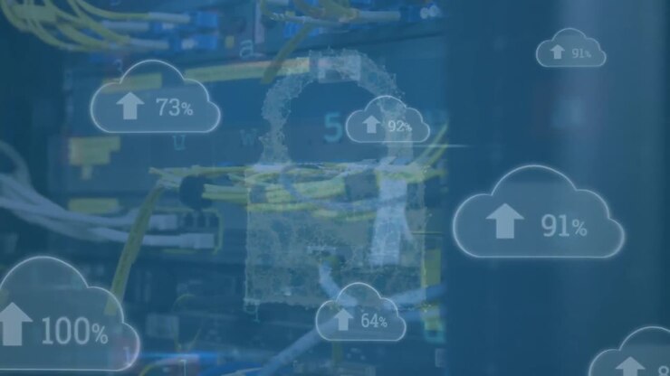 Animation of security padlock, cloud icons with increasing percentage against computer server