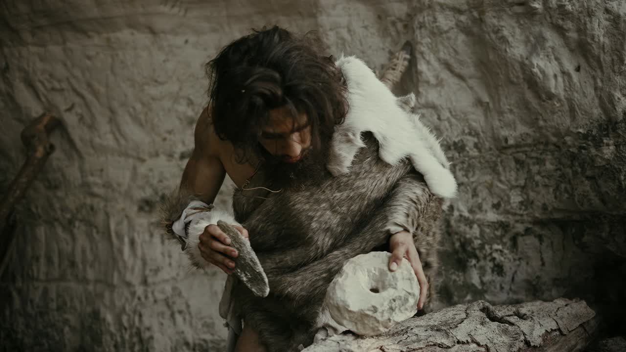 Primeval Caveman Wearing Animal Skin Hits Rock with Sharp Stone and Makes Primitive Tool for Hunting Animal Prey. Neanderthal Using Flint Rock to Create first Wheel. Slow Motion Shot