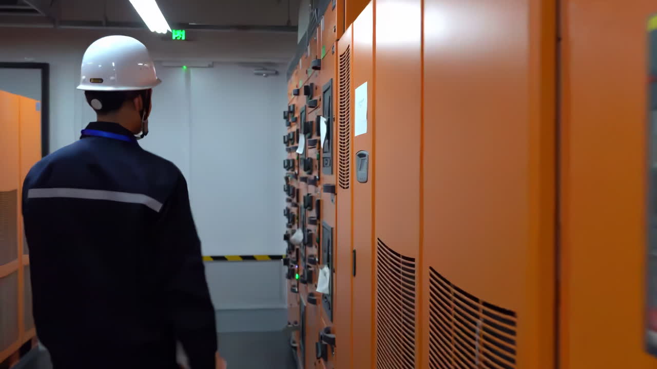 Young technician checking indoor network ensures machine reliability in industrial plant by electrical cabinets. Embodying safety concept, keeping operations up running. Witness the art of maintenance