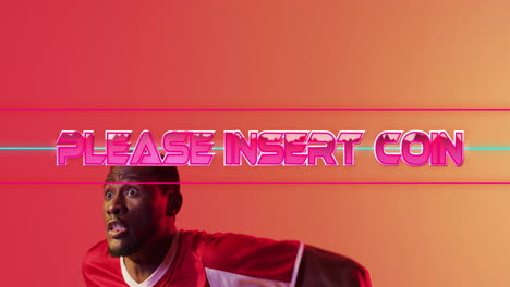 animation of please insert coin over african american male football player on red background