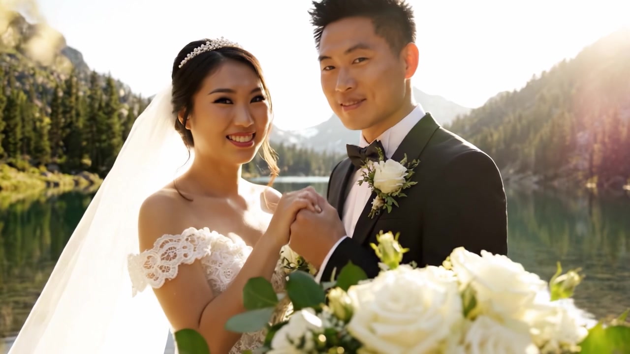 一对美丽的情侣在风景优美的户外婚礼场地庆祝他们的爱情，场地靠近宁静的湖泊，周围环绕着雄伟的山脉和郁郁葱葱的绿色植物。
