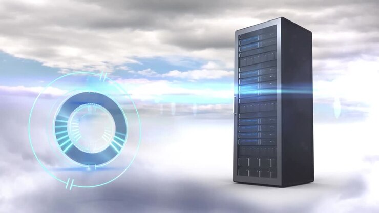 Animation of loading circle and server over clouds