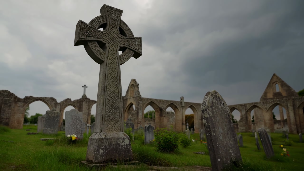 Celtic Cross In Stormy Cemetery Ruins, Looming Carved Stone Cross In Foreground, Medieval Abbey Arches