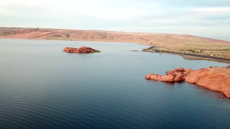 picturesque coast and water reservoir lake in sand hollow state park, utah usa, drone aerial view