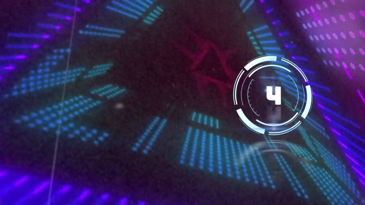Animation of countdown from 10 to 1 in circles over glowing moving triangular tunnel