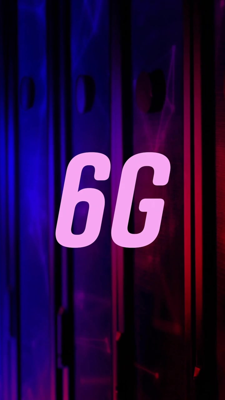 Animation of 6G text over digital elements on vibrant blue and red background