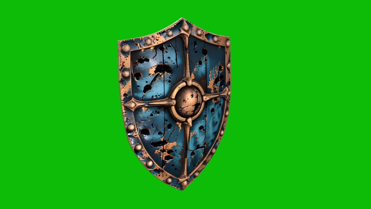 Design 01 di scudo fantasy 3D altamente dettagliato, con superficie in metallo usurato, rivetti decorati, emblema luminoso, isolato su green screen. Perfetto per giochi fantasy, progetti epici e composizioni VFX.