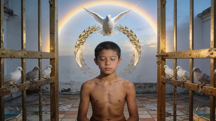 Hovering dove lowering wings, sparking golden laurel forming above shirtless boy meditating on roof