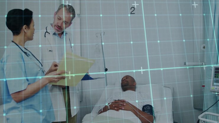 Animation af hvide former, der bevæger sig over forskellige læger, der taler med patient på seng på hospital