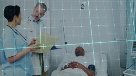 animation of white shapes moving over diverse doctors talking with patient on bed in hospital