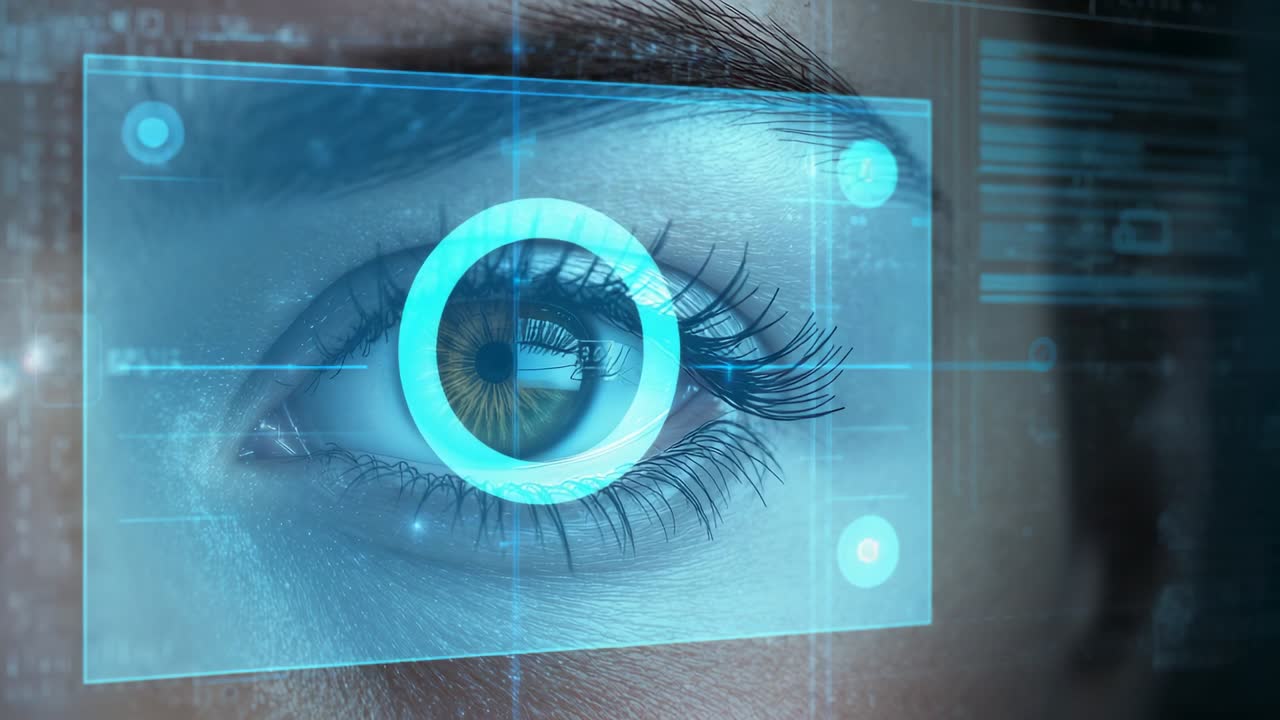 Scanning scanner projecting cyan reticle and scan window over right-eye in lab, verifying iris